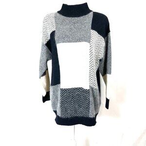 VTG Stone Canyon neutral color block sweater mock neck black gray cream Sz M